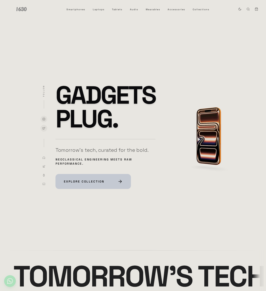 The 1630 Gadgets Plug storefront, showing a curated grid of phones and devices