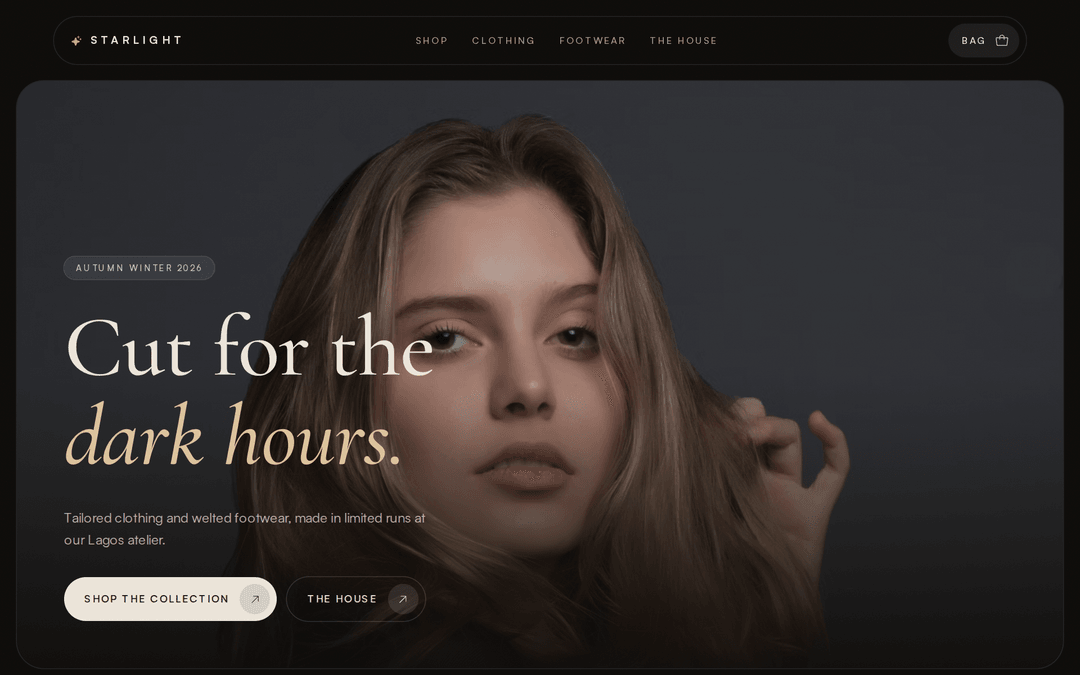 The Starlight clothing store, a dark editorial layout with large product imagery