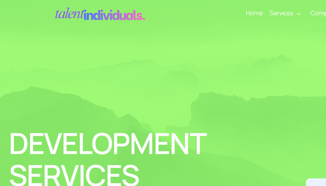 The Talent Individuals agency site, bold DEVELOPMENT SERVICES headline over a green mist